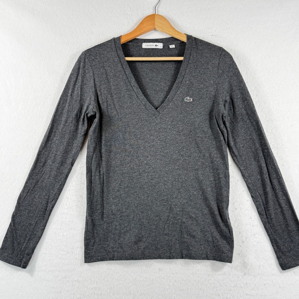 Lacoste V-Neck Long Sleeve Tee Womens 36 Small Gray Cotton Preppy Minimalist